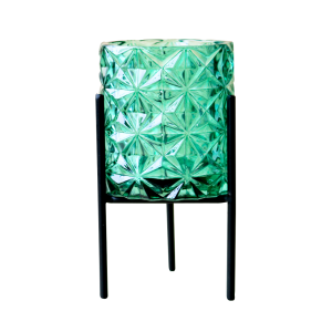 CASTIÇAL DE VIDRO DETALHADO COM SUPORTE EM FERRO - CAS11-VERDE