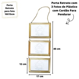 PORTA RETRATO COM 3 FOTOS DE PLÁSTICO E CORDÃO PARA PENDURAR 10X15CM - 4331-DOU