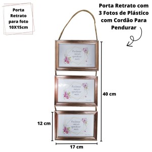 PORTA RETRATO COM 3 FOTOS DE PLÁSTICO E CORDÃO PARA PENDURAR 10X15CM - 4331-GR