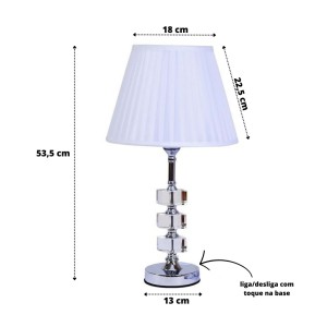 ABAJUR DE CRISTAL CUPULA DRAPEADA BRANCA DE TOQUE  BIVOLT 53,5CM REF 835