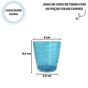 JOGO DE COPO DE VIDRO COM 06 PEÇAS COLOR CANNES 230ML -VDA14024-AZ