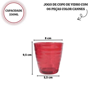 JOGO DE COPO DE VIDRO COM 06 PEÇAS COLOR CANNES 230ML -VDA14024-VM
