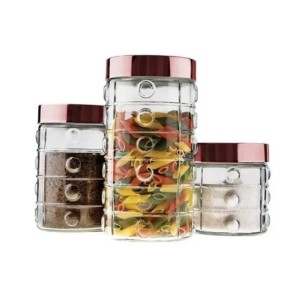 JOGO DE POTE DE VIDRO 03 PEÇAS E TAMPA EM INOX GOLD ROSE - VDA0405