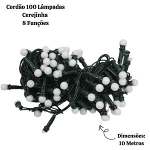 100 LÂMPADAS CEREJINHA BRANCA FIO VERDE 8FUNÇÕES 127V USO INTERNO - 17012