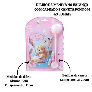 DIÁRIO DA MENINA NO BALANÇO COM CADEADO E CANETA POMPOM 48 FOLHAS - SXFS14068-D
