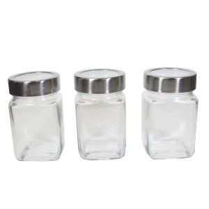 JOGO 3 POTES DE VIDRO CONDIMENTO COM TAMPA INOX - 4063