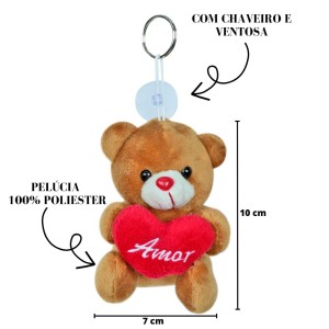 MINI URSINHO DE PELÚCIA CHAVEIRO / VENTOSA COM CORAÇÃO 10CM - FC2780-MR