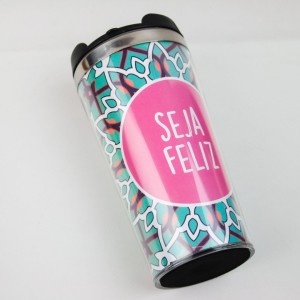 COPO TERMICO INOX E PLASTICO SEJA FELIZ 450ML TAMPA ROSQUEAVEL E COM TRAVA - 327