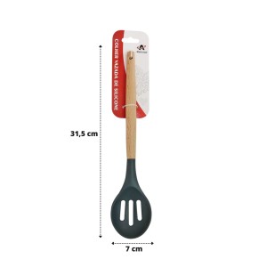 COLHER VAZADA DE SILICONE COM CABO DE MADEIRA 31,5CM - 3277-CZ