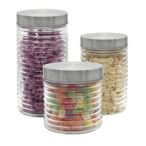 JOGO DE POTES DE VIDRO COM TAMPA METAL ESCOVADO 3 PEÇAS - CA16042