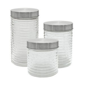 JOGO DE POTES DE VIDRO COM TAMPA METAL ESCOVADO 3 PEÇAS - CA16042