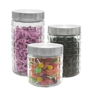 JOGO DE POTES DE VIDRO COM TAMPA METAL ESCOVADO 3 PEÇAS - CA16041