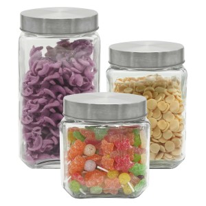 JOGO DE POTES DE VIDRO COM TAMPA METAL ESCOVADO 3 PEÇAS - CA16043