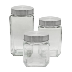 JOGO DE POTES DE VIDRO COM TAMPA METAL ESCOVADO 3 PEÇAS - CA16043