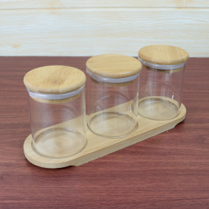 JOGO COM 3 POTES HERMÉTICOS DE VIDRO COM TAMPA E BANDEJA DE BAMBU - DT24342