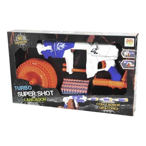 PISTOLA LANÇADOR SUPER SHOOT TURBO TAMBOR GIRATÓRIO + 40 DARDOS COM INMETRO