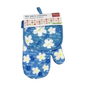 KIT PARA COZINHA LUVA E PEGADOR AZUL FLORES BRANCA - CLA0101