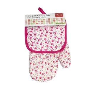 KIT PARA COZINHA LUVA E PEGADOR FLORES ROSA - CLA0101