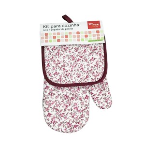 KIT PARA COZINHA LUVA E PEGADOR FLORES VINHO - CLA0101