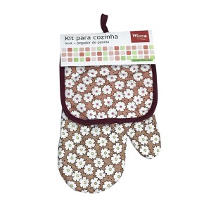 KIT PARA COZINHA LUVA E PEGADOR MARROM FLORES BRANCA - CLA0101