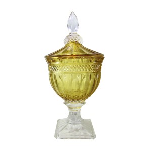 BOMBONIERE DE CRISTAL BRANDON COM PÉ HASTE E TAMPA COR ÂMBAR 38 CM - 4230