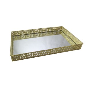 BANDEJA DE METAL COM ESPELHO RETANGULAR 20X35 CM DOURADA FOSCA - S1091L-FOSCA