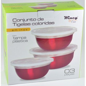 JOGO DE TIGELA DE INOX 03 PEÇAS COM TAMPA DE PLÁSTICO - IXB0150-RX