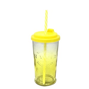 COPO EM VIDRO TAMPA PLASTICO COM CANUDO 450 ML AMARELO - 99765