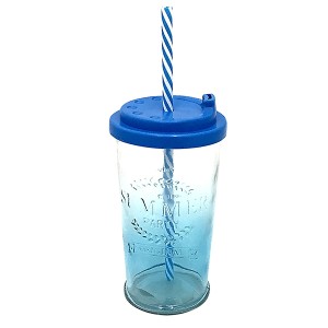 COPO EM VIDRO TAMPA PLASTICO COM CANUDO 450 ML AZUL - 99765