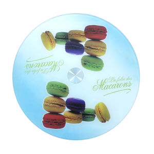 PRATO GIRATORIO 360 GRAUS EM VIDRO E METAL ESTAMPA MACARRONS 30 CM - CA12197A-AZUL