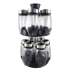 PORTA TEMPERO GIRATÓRIO DE VIDRO COM 12 PEÇAS E TAMPA DE INOX -TRC8308