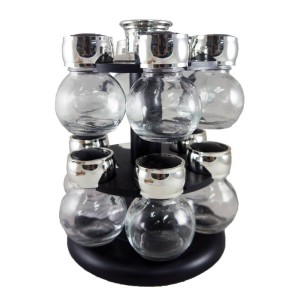 PORTA TEMPERO GIRATÓRIO DE VIDRO COM 12 PEÇAS E TAMPA DE PLÁSTICO -TRC8307