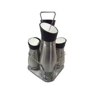 CONJUNTO DE 4 GALHETEIROS DE VIDRO E INOX E UM SUPORTE DE METAL - ZU910