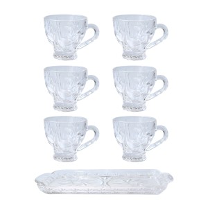 JOGO DE XÍCARA DE VIDRO 100 ML COM BANDEJA EM VIDRO TRANSPARENTE 7 PEÇAS -WE0647