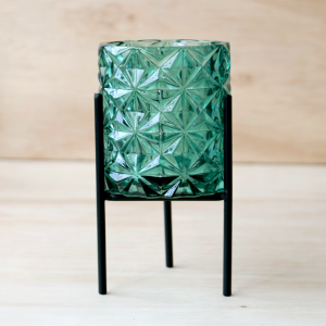 CASTIÇAL DE VIDRO DETALHADO COM SUPORTE EM FERRO - CAS11-VERDE