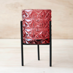 CASTIÇAL DE VIDRO DETALHADO COM SUPORTE EM FERRO - CAS11-VINHO