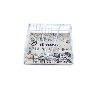 PORTA GUARDANAPO ARAMADO EM METAL E BASE EM MADEIRA 17,5CM - FERSC02-BR