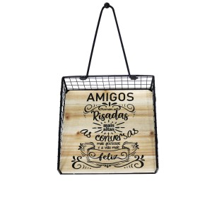 PORTA GUARDANAPO ARAMADO EM METAL E BASE EM MADEIRA 17,5CM - FERSC02-PT