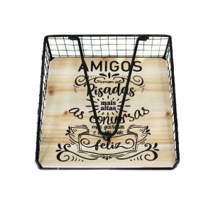 PORTA GUARDANAPO ARAMADO EM METAL E BASE EM MADEIRA 17,5CM - FERSC02-PT