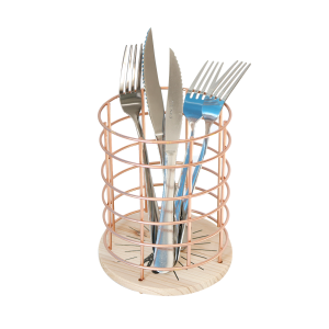 PORTA TALHER DE METAL ARAMADO REDONDO COM BASE EM MADEIRA 16X12CM - FERSC09-GR