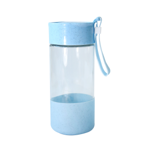 GARRAFA DE VIDRO COM ALÇA DE SILICONE E  DETALHES EM PLÁSTICO 400ML - SXYT4858-AZ