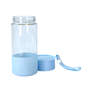 GARRAFA DE VIDRO COM ALÇA DE SILICONE E  DETALHES EM PLÁSTICO 400ML - SXYT4858-AZ