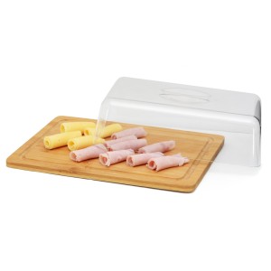 BOLEIRA E QUEIJEIRA COM TAMPA  E BASE EM BAMBU RETANGULAR 8X21X27CM - CLA04015