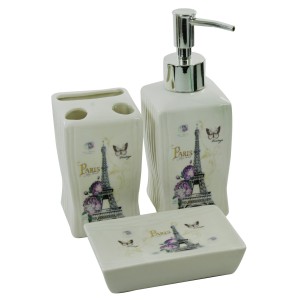 JOGO DE BANHEIRO DE PORCELANA COM 3 PEÇAS ESTAMPA PARIS - PRB01041