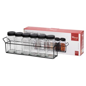 PORTA CONDIMENTO DE VIDRO COM SUPORTE ARAMADO PRETO 100 ML CADA POTE - VDA06037