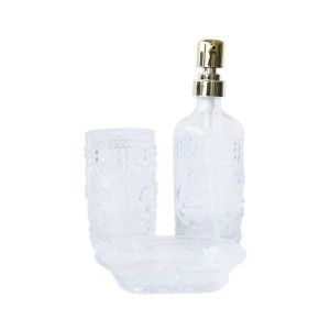 JOGO DE BANHEIRO DE VIDRO FLOR DE LIS DOURADO COM 03 PEÇAS - 7055