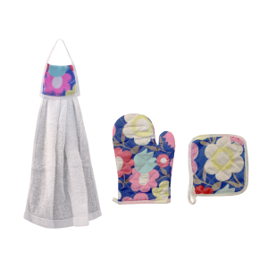 KIT LUVA PARA FORNO ,DESCANDO DE PANELA  E PANO DE COPA 03 PEÇAS SORTIDAS- CA04067-B