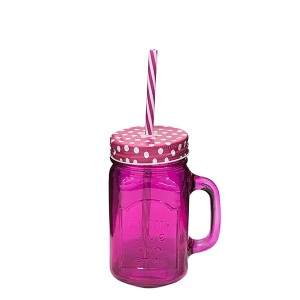 CANECA VIDRO MASON JAR ROSA 360ML C/CANUDO