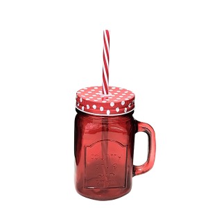 CANECA VIDRO MASON JAR VERMELHO 360ML C/CANUDO