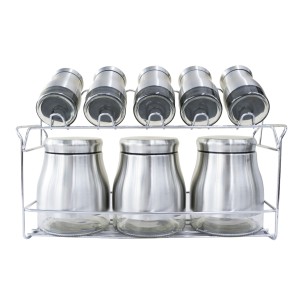 PORTA TEMPEROS DE INOX COM 8 POTES E SUPORTE ARAMADO - 4875